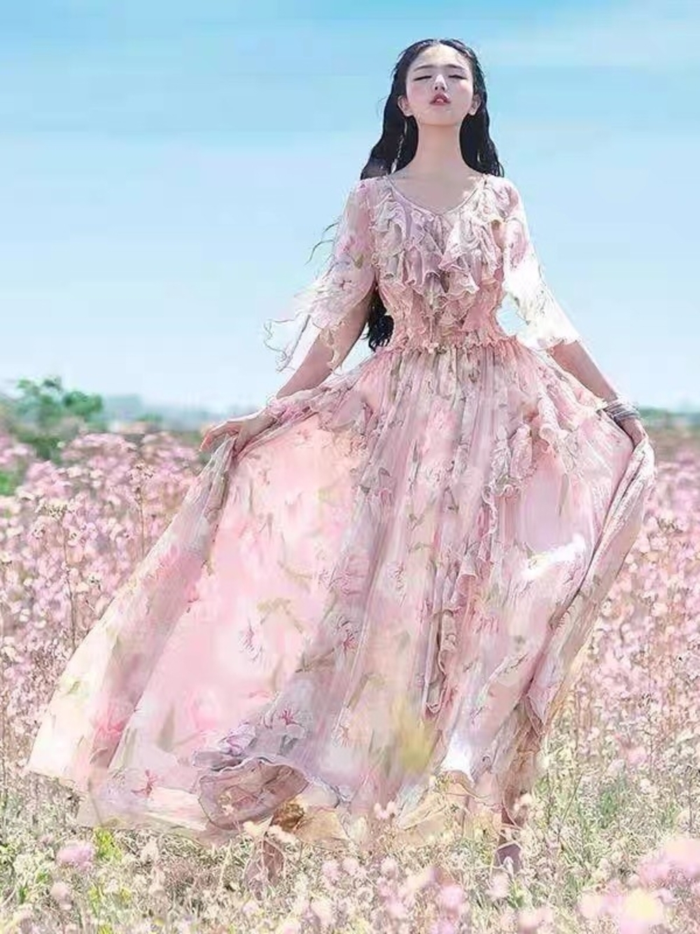 Pink Floral Ruffle Chiffon Maxi Dress